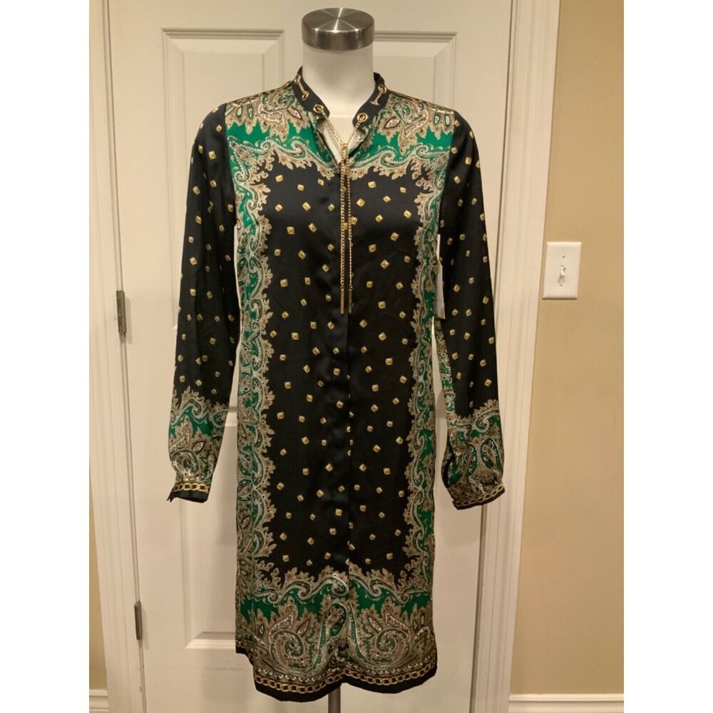 Michael Kors Navy Blue Tan Green Geometric Paisley Dress W/ Chain Size XS, NWT!